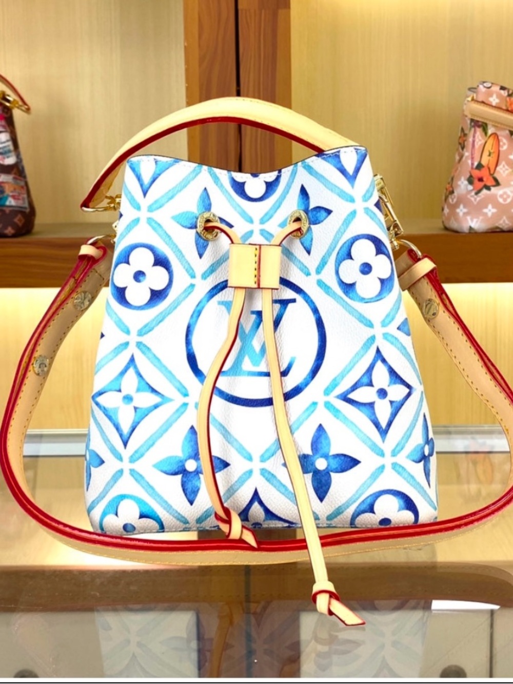 Blue and White Monogram Drawstring Shoulder Bag with Red Trim